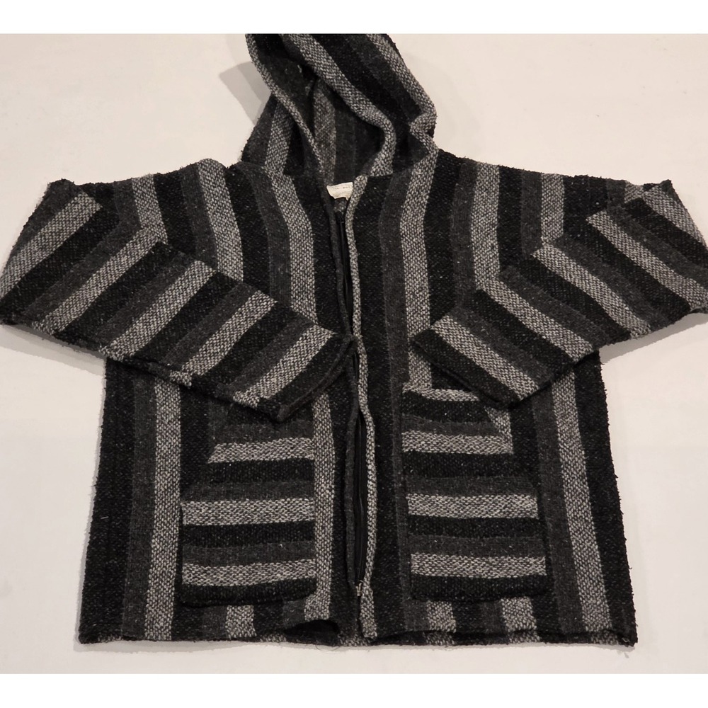 VEL‎ MEX Mens L Mexican Drug Rug Blanket Striped Blk Gry Pullover Pockets Hoodie